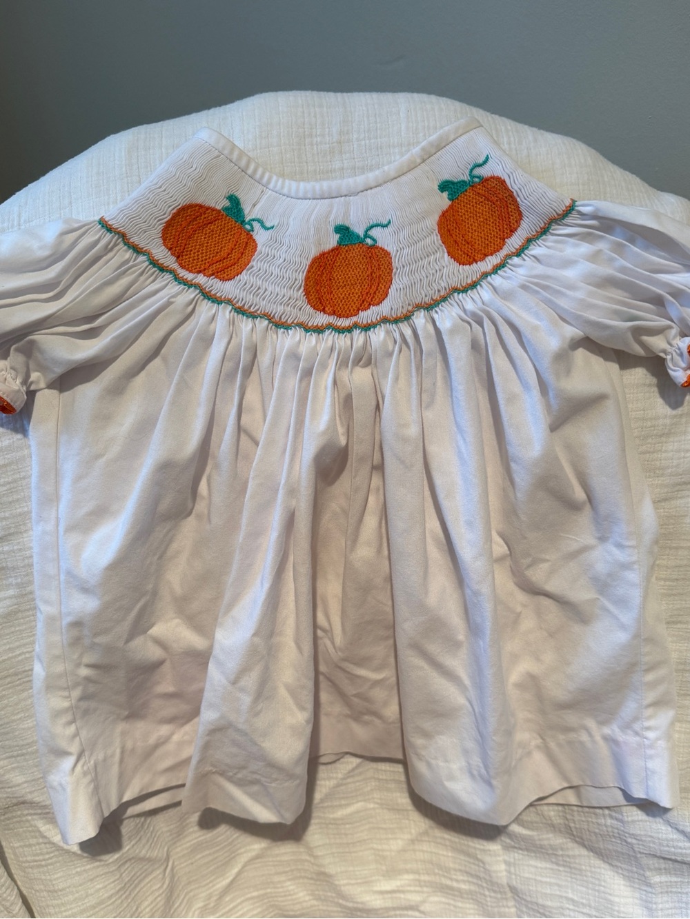 White Kids Pumpkin Smocked Top with Orange Embroidery 4T